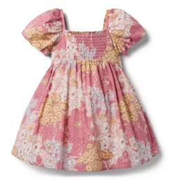 Janie and Jack Dresses-Floral Smocked Puff Sleeve Dress cocoa pink floral
