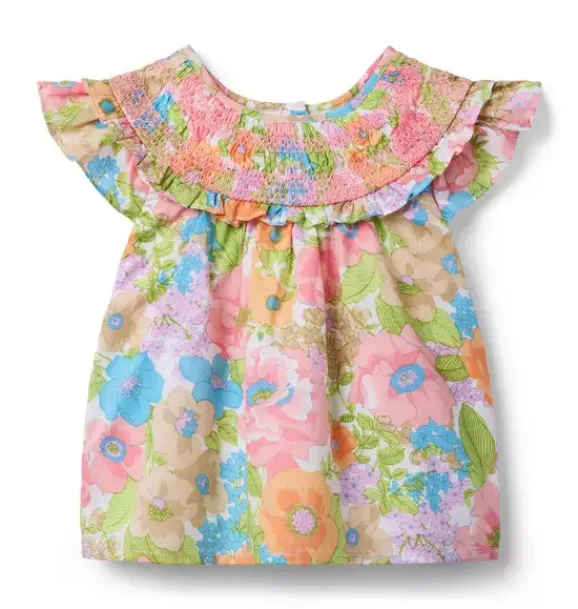 Janie and Jack Matching Sets|Short Sleeve Tops-Floral Smocked Ruffle Top white floral