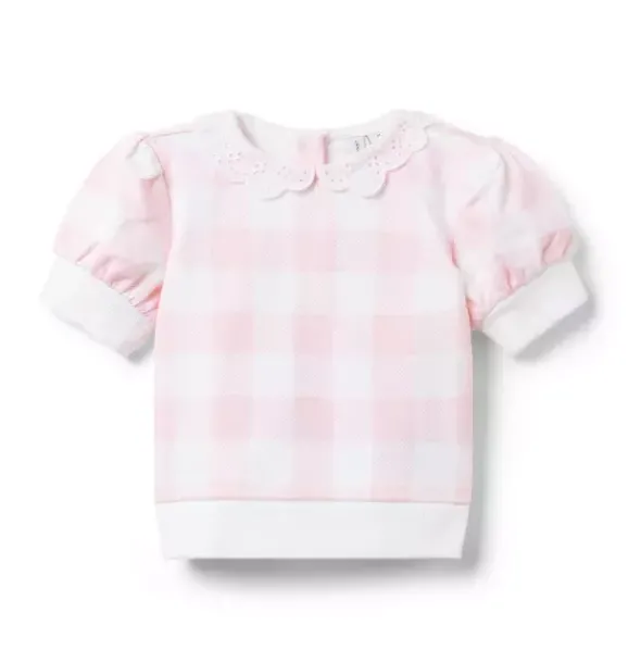 Janie and Jack Sweaters & Sweatshirts-Gingham Eyelet Collared Sweatshirt cotton candy pink gingham