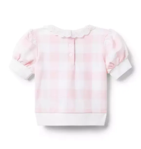 Janie and Jack Sweaters & Sweatshirts-Gingham Eyelet Collared Sweatshirt cotton candy pink gingham