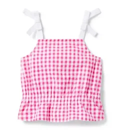 Janie and Jack Sleeveless Tops-Gingham Peplum Top pink melon gingham