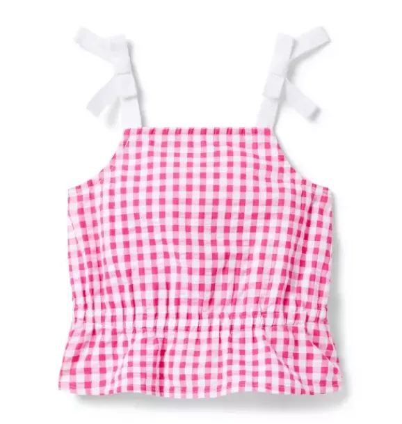 Janie and Jack Sleeveless Tops-Gingham Peplum Top pink melon gingham