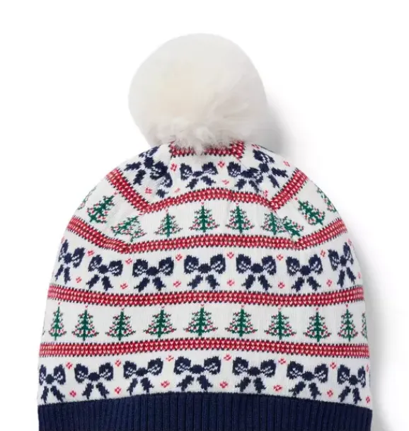 Janie and Jack Hats, Scarves, & Gloves-Holiday Fair Isle Pom Beanie cream and sugar fair isle