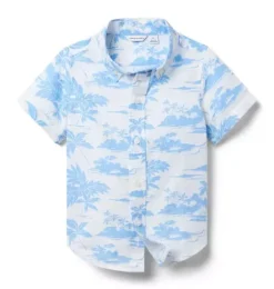 Janie and Jack Swim Outfits|Matching Sets-Island Toile Linen-Cotton Shirt white island toile