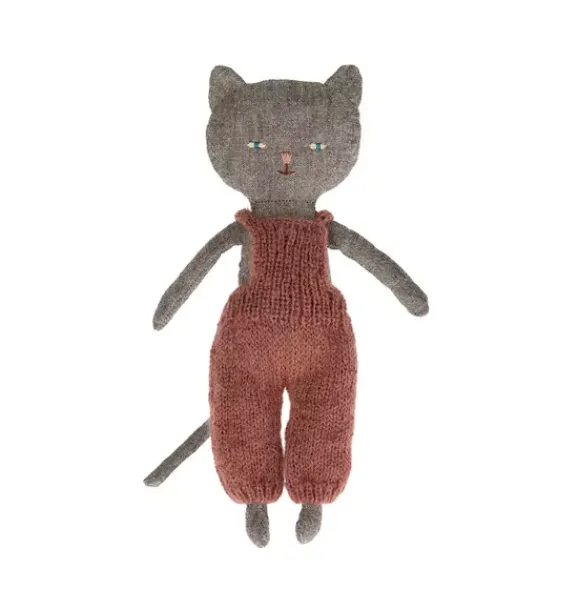 Janie and Jack Stuffed Animals-Kitten in Overalls - grey