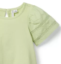 Janie and Jack Short Sleeve Tops-Lace Trim Puff Sleeve Top green fields