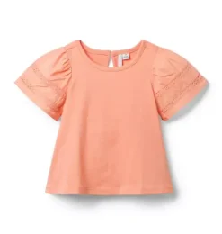 Janie and Jack Short Sleeve Tops-Lace Trim Puff Sleeve Top orange lily