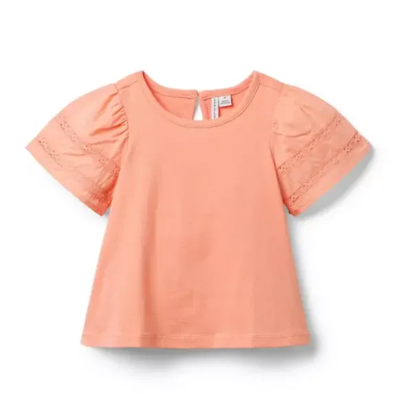 Janie and Jack Short Sleeve Tops-Lace Trim Puff Sleeve Top orange lily