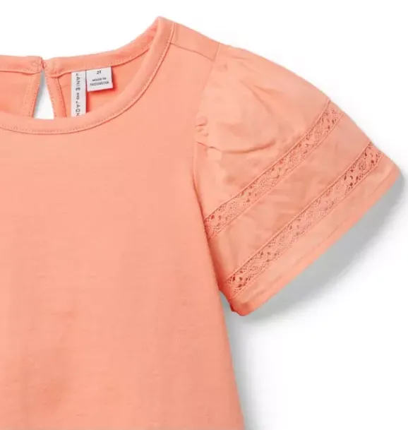 Janie and Jack Short Sleeve Tops-Lace Trim Puff Sleeve Top orange lily