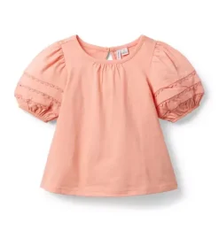 Janie and Jack Short Sleeve Tops-Lace Trim Puff Sleeve Top rosy coral