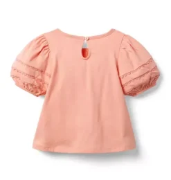 Janie and Jack Short Sleeve Tops-Lace Trim Puff Sleeve Top rosy coral