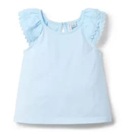 Janie and Jack Short Sleeve Tops-Lace Trim Top light blue