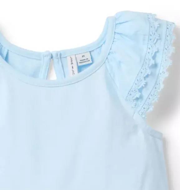 Janie and Jack Short Sleeve Tops-Lace Trim Top light blue
