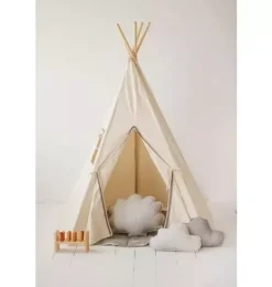 Janie and Jack Playroom|Bedroom Furniture-“” Teepee with Pompoms and Round Mat Set grey pompoms
