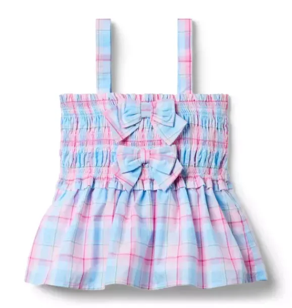 Janie and Jack Matching Sets|Sleeveless Tops-Plaid Bow Smocked Top blue skies plaid