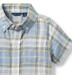 Janie and Jack Shirts-Plaid Linen-Cotton Shirt stormy sky blue plaid