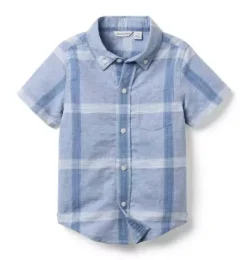 Janie and Jack Shirts-Plaid Linen-Cotton Shirt pebble blue plaid