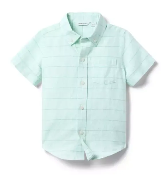 Janie and Jack Shirts-Plaid Linen-Cotton Shirt minty blue plaid