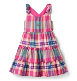 Janie and Jack Dresses-Plaid Tiered Dress pink melon plaid