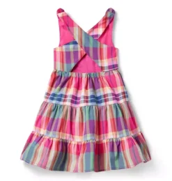 Janie and Jack Dresses-Plaid Tiered Dress pink melon plaid