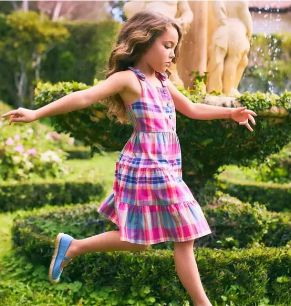 Janie and Jack Dresses-Plaid Tiered Dress pink melon plaid