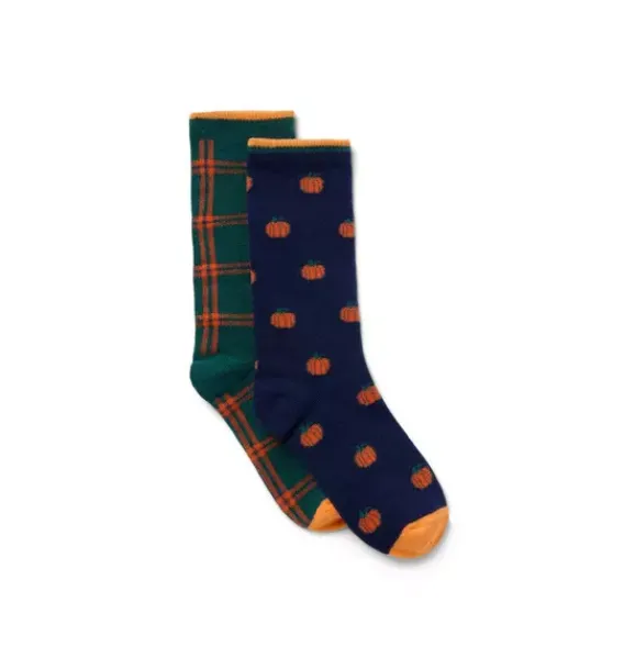 Janie and Jack Socks-Pumpkin And Plaid Sock 2-Pack merchant marine pumpkin