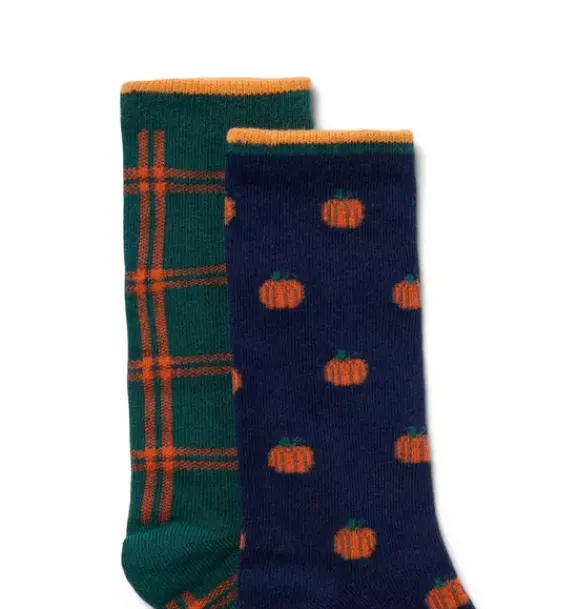 Janie and Jack Socks-Pumpkin And Plaid Sock 2-Pack merchant marine pumpkin