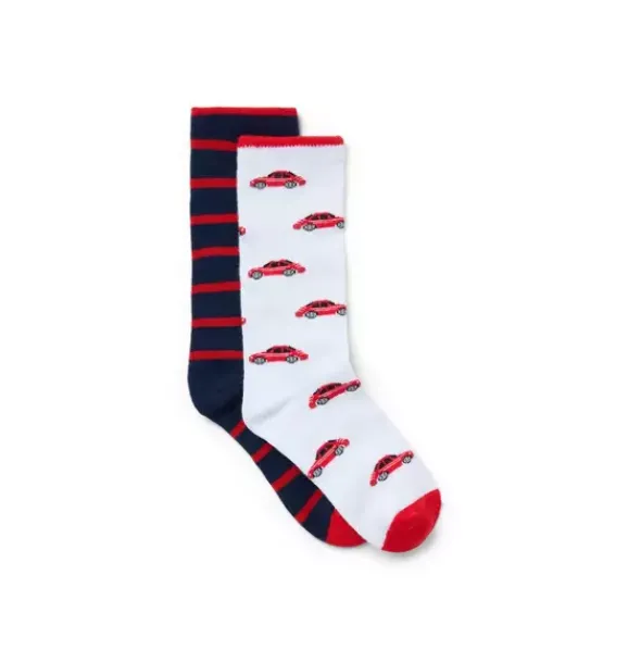 Janie and Jack Socks-Race Car And Stripe Sock 2-Pack white race car and merchant marine stripe