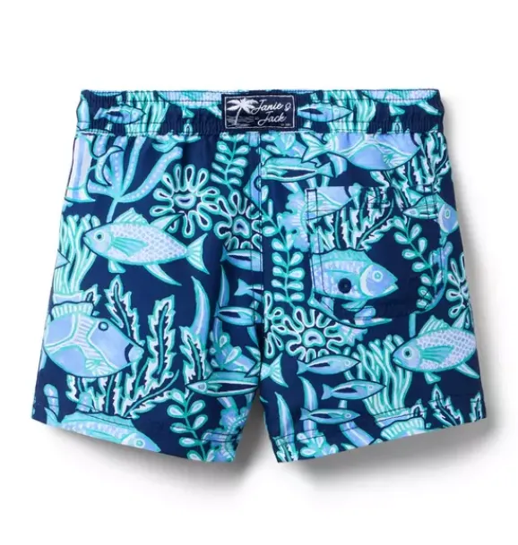 Janie and Jack Family Matching|Swim Trunks-Recycle Reef Fish Swim Trunk dark blue fish