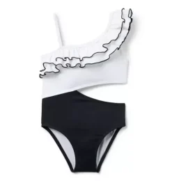 Janie and Jack One-pieces|Girl-Recycled Cutout Ruffle Shoulder Swimsuit jj black