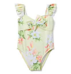 Janie and Jack One-pieces|Swim & Cover-ups-Recycled Floral Bow Swimsuit pale pistachio floral