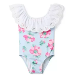 Janie and Jack One-pieces|Swim Outfits-Recycled Floral Eyelet Ruffle Swimsuit light blue floral