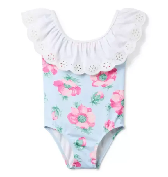 Janie and Jack One-pieces|Swim Outfits-Recycled Floral Eyelet Ruffle Swimsuit light blue floral
