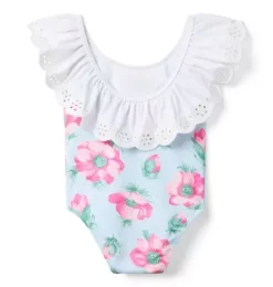 Janie and Jack One-pieces|Swim Outfits-Recycled Floral Eyelet Ruffle Swimsuit light blue floral