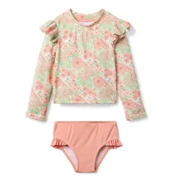 Janie and Jack Two-pieces|Girl-Recycled Floral Ruffle Rash Guard Swimsuit rosy coral floral