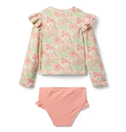 Janie and Jack Two-pieces|Girl-Recycled Floral Ruffle Rash Guard Swimsuit rosy coral floral