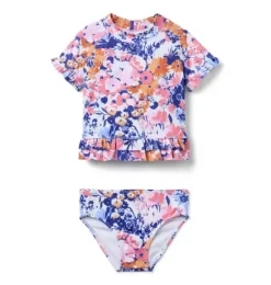 Janie and Jack Rash Guards|Girl-Recycled Floral Ruffle Rash Guard Swimsuit white floral