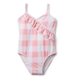 Janie and Jack One-pieces|Girl-Recycled Gingham Ruffle Swimsuit dainty pink gingham