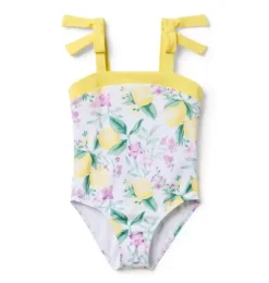 Janie and Jack One-pieces|Swim Outfits-Recycled Lemon Floral Bow Swimsuit white lemon floral