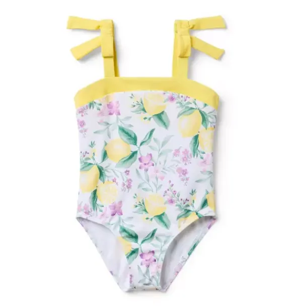 Janie and Jack One-pieces|Swim Outfits-Recycled Lemon Floral Bow Swimsuit white lemon floral