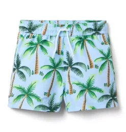 Janie and Jack Swim Trunks|Swim Outfits-Recycled Palm Tree Swim Trunk light blue palm tree