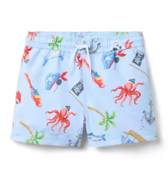 Janie and Jack Swim Trunks|Boy-Recycled Pirate Adventure Swim Trunk pale blue pirate ship