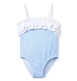 Janie and Jack One-pieces|Girl-Recycled Striped Ruffle Swimsuit soft blue stripe