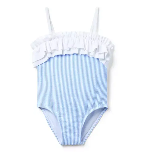 Janie and Jack One-pieces|Girl-Recycled Striped Ruffle Swimsuit soft blue stripe