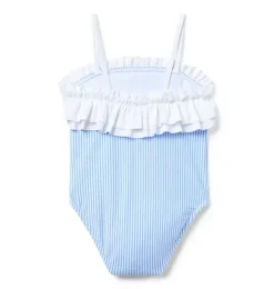 Janie and Jack One-pieces|Girl-Recycled Striped Ruffle Swimsuit soft blue stripe