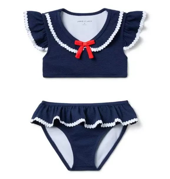 Janie and Jack Swim Outfits|Girl-Recycled Textured Ruffle 2-Piece Swimsuit merchant marine