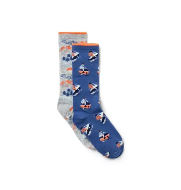 Janie and Jack Socks-Snowmobile And Mountain Sock 2-Pack classic grey heather mountain and blue fade snowmobile