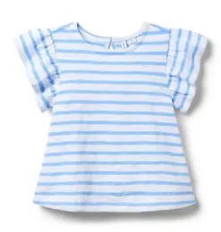 Janie and Jack Short Sleeve Tops-Striped Flutter Sleeve Top blue stream stripe