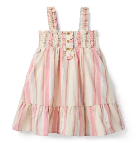 Janie and Jack Dresses-Striped Linen-Cotton Smocked Dress rosy coral stripe