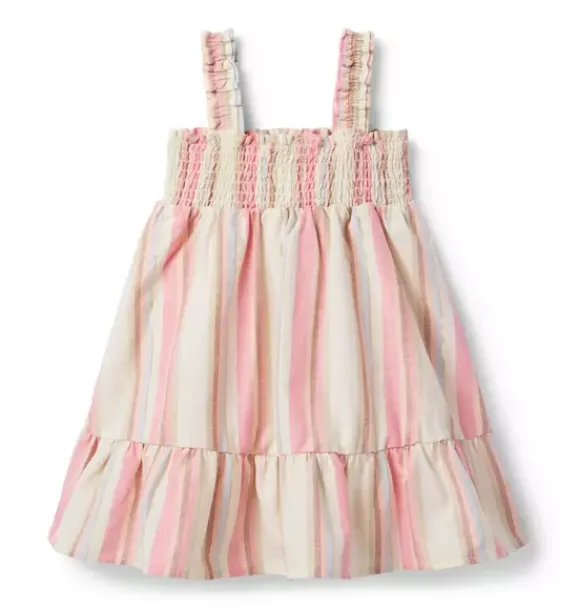 Janie and Jack Dresses-Striped Linen-Cotton Smocked Dress rosy coral stripe